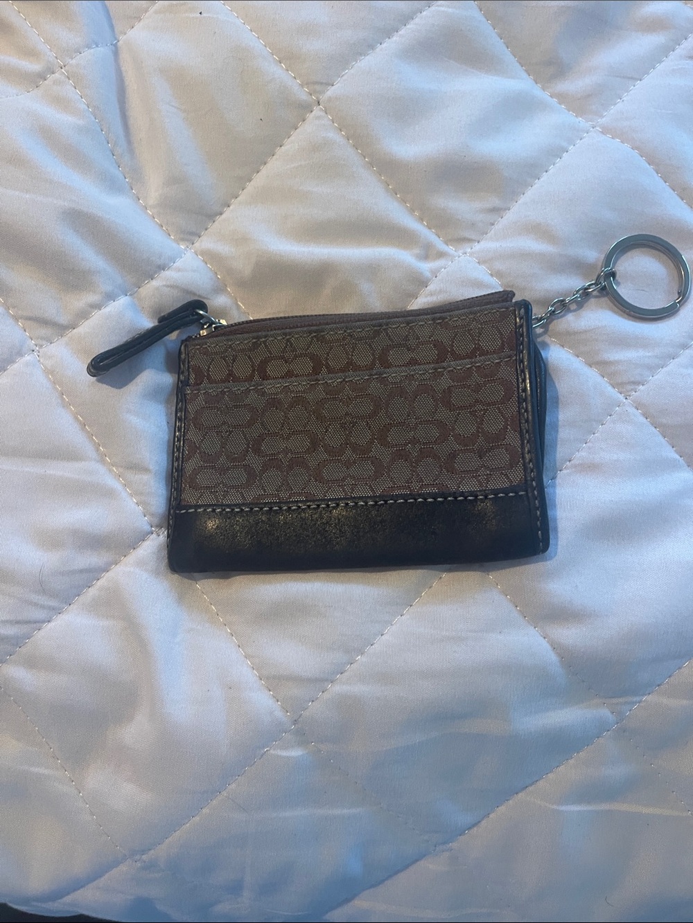 Coach Brown Signature Zip Key Pouch with Leather Trim